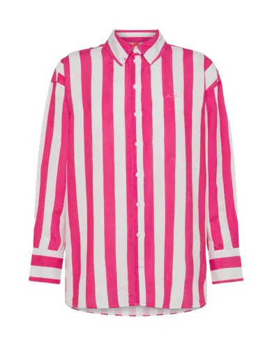 Overshirt Donna bianco /fuxia rigata in lino S35279|SUN68 BEACH Overshirt Donna bianco /fuxia rigata in lino S35279|SUN68 BEACH