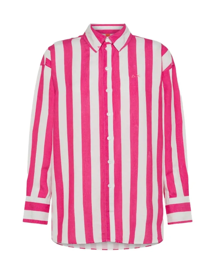 Overshirt Donna bianco /fuxia rigata in lino S35279|SUN68 BEACH Overshirt Donna bianco /fuxia rigata in lino S35279|SUN68 BEACH