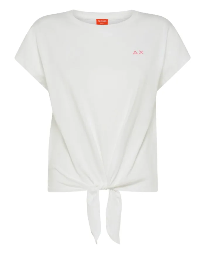 T-shirt Donna bianca on cotone con nodo avanti T35260|SUN68 BEACH T-shirt Donna bianca on cotone con nodo avanti T35260|SUN68 BEACH