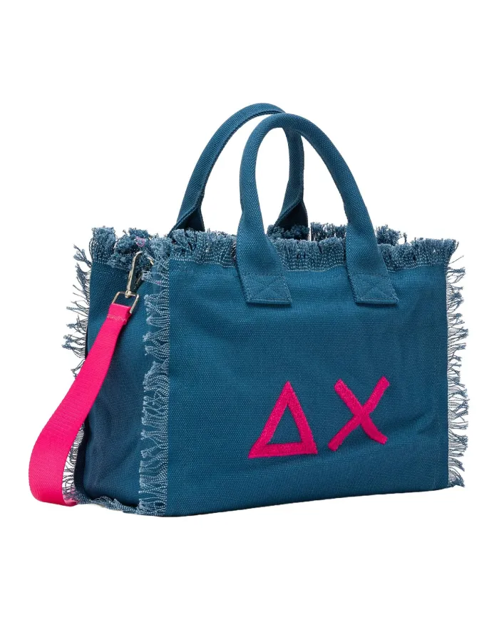 Borsa mare Donna blu in cotone con frange X35219|SUN68 BEACH Borsa mare Donna blu in cotone con frange X35219|SUN68 BEACH