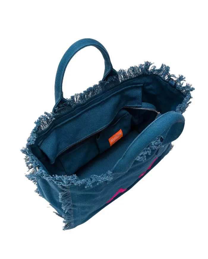Borsa mare Donna blu in cotone con frange X35219|SUN68 BEACH