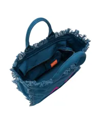 Borsa mare Donna blu in cotone con frange X35219|SUN68 BEACH