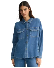 LIU JO Giubbino Donna UA5165DS069 camicia in jeans overshirt con logo strass 78837 d.blue dk stellar