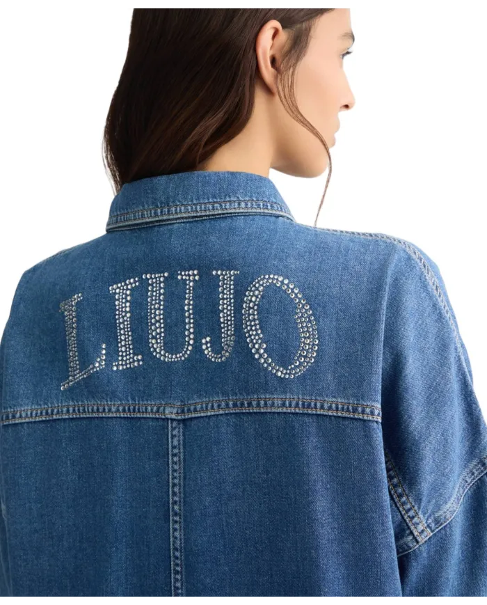 LIU JO Giubbino Donna UA5165DS069 camicia in jeans overshirt con logo strass 78837 d.blue dk stellar