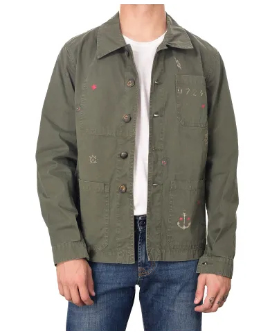 Field Jacket Uomo overshirt verde militare dipinta SHINE 218|BOB Field Jacket Uomo overshirt verde militare dipinta SHINE 218|BOB