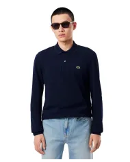 LACOSTE Polo Uomo L1312 AI 25/26 Classic Fit in cotone tinta unita con maniche lunghe 166 BLU NAVY