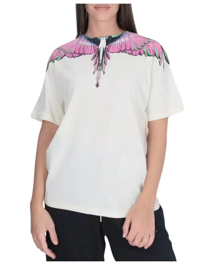 COUNTY OF MILAN T-shirt Donna 25ICM30001 AI 25/26 cotone con iconica stampa 03 latte/pink wings COUNTY OF MILAN T-shirt Donna 25ICM30001 AI 25/26 cotone con iconica stampa 03 latte/pink wings