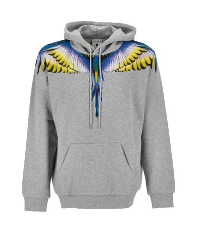 COUNTY OF MILAN Felpa Uomo F5CAMAHS030 AI 25/26 cotone con cappuccio e stampa wings 101 GRIGIO melange COUNTY OF MILAN Felpa Uomo F5CAMAHS030 AI 25/26 cotone con cappuccio e stampa wings 101 GRIGIO melange