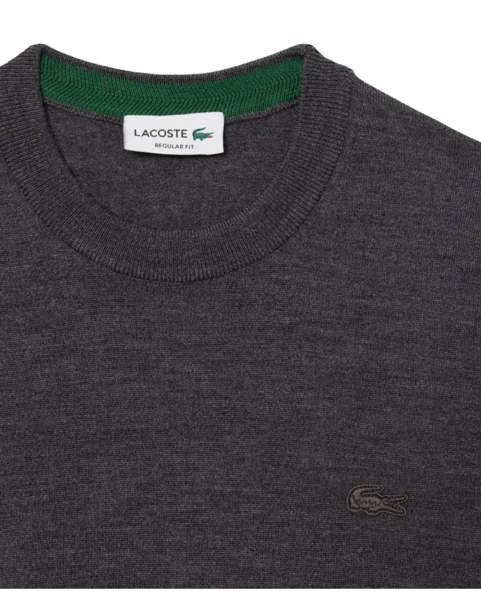 LACOSTE Maglia Uomo AH1969 AI 25/26 in lana merinos Regular Fit con ricamo logato tono su tono 050 Grigio Chinè