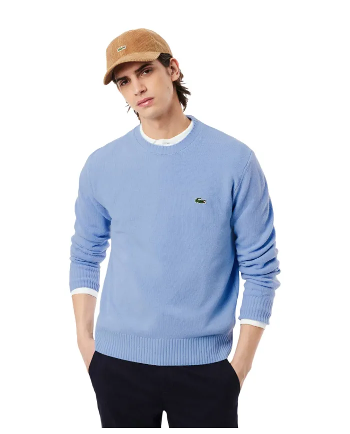 LACOSTE Maglia Uomo AH2916 AI 25/26 Classic Fit a girocollo in jersey di lana cardata HBP BLU PASTELLO LACOSTE Maglia Uomo AH2916 AI 25/26 Classic Fit a girocollo in jersey di lana cardata HBP BLU PASTELLO