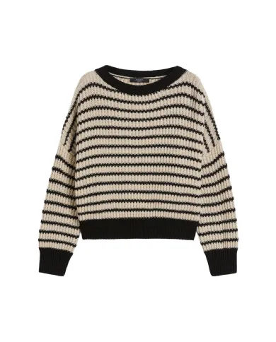 WEEKEND Maglia Donna EZOR AI 25/26 in lana lavorata a costa inglese crop a girocollo 016 RIGA avena/nero WEEKEND Maglia Donna EZOR AI 25/26 in lana lavorata a costa inglese crop a girocollo 016 RIGA avena/nero