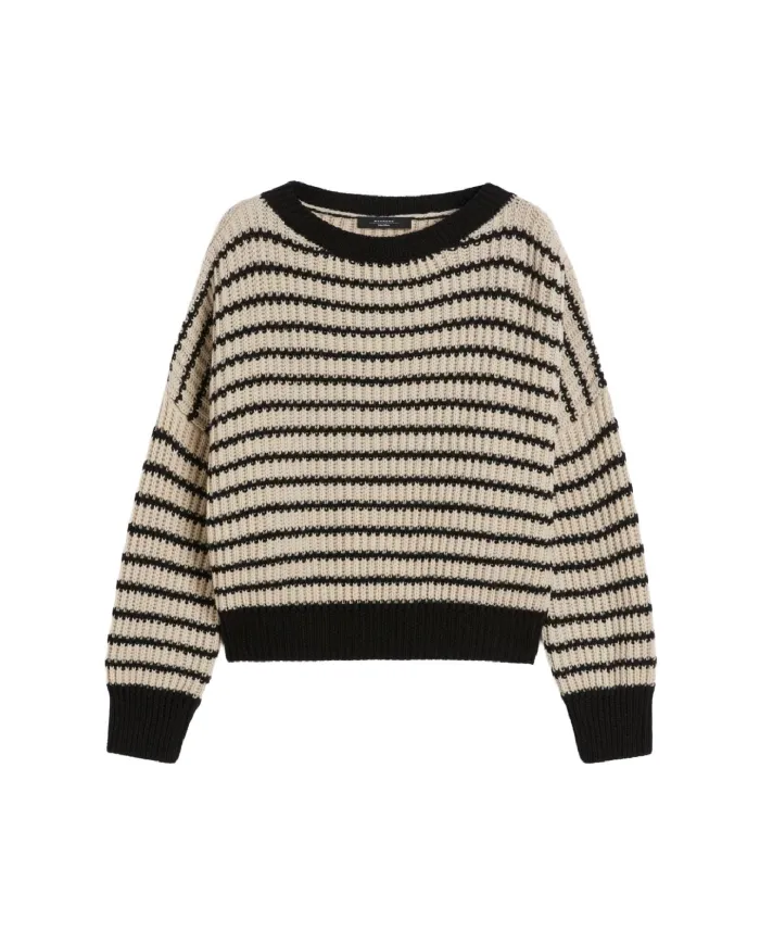 WEEKEND Maglia Donna EZOR AI 25/26 in lana lavorata a costa inglese crop a girocollo 016 RIGA avena/nero WEEKEND Maglia Donna EZOR AI 25/26 in lana lavorata a costa inglese crop a girocollo 016 RIGA avena/nero