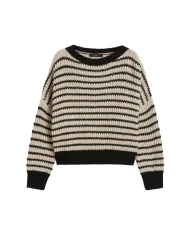 WEEKEND Maglia Donna EZOR AI 25/26 in lana lavorata a costa inglese crop a girocollo 016 RIGA avena/nero