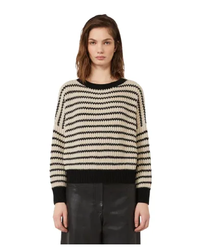 WEEKEND Maglia Donna EZOR AI 25/26 in lana lavorata a costa inglese crop a girocollo 016 RIGA avena/nero WEEKEND Maglia Donna EZOR AI 25/26 in lana lavorata a costa inglese crop a girocollo 016 RIGA avena/nero