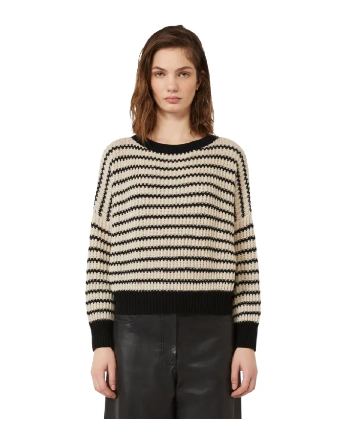 WEEKEND Maglia Donna EZOR AI 25/26 in lana lavorata a costa inglese crop a girocollo 016 RIGA avena/nero WEEKEND Maglia Donna EZOR AI 25/26 in lana lavorata a costa inglese crop a girocollo 016 RIGA avena/nero