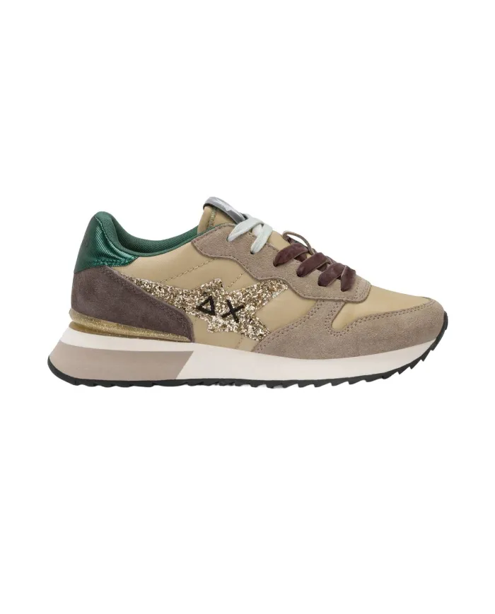SUN68 Sneaker Donna Z45217 STARGIRL GLITTER AI 25/26 in nylon e suede con glitter 77 BEIGE SCURO SUN68 Sneaker Donna Z45217 STARGIRL GLITTER AI 25/26 in nylon e suede con glitter 77 BEIGE SCURO