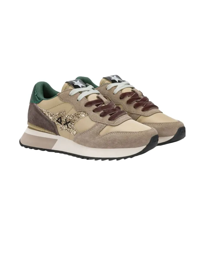 SUN68 Sneaker Donna Z45217 STARGIRL GLITTER AI 25/26 in nylon e suede con glitter 77 BEIGE SCURO SUN68 Sneaker Donna Z45217 STARGIRL GLITTER AI 25/26 in nylon e suede con glitter 77 BEIGE SCURO