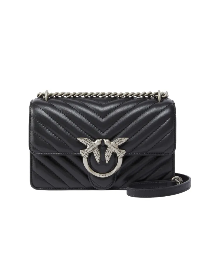 PINKO Borsa Donna 100074 A0GK LOVE ONE mini AI 25/26 pelle con tapuntata chevron Z99O NERO-OLD silver PINKO Borsa Donna 100074 A0GK LOVE ONE mini AI 25/26 pelle con tapuntata chevron Z99O NERO-OLD silver