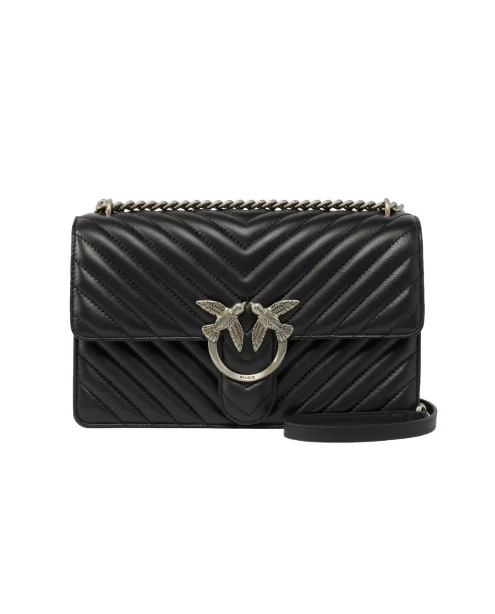 PINKO Borsa Donna 100941 A0GK LOVE ONE classic AI 25/26 pelle con trapuntato chevron Z99O NERO-OLD silver PINKO Borsa Donna 100941 A0GK LOVE ONE classic AI 25/26 pelle con trapuntato chevron Z99O NERO-OLD silver