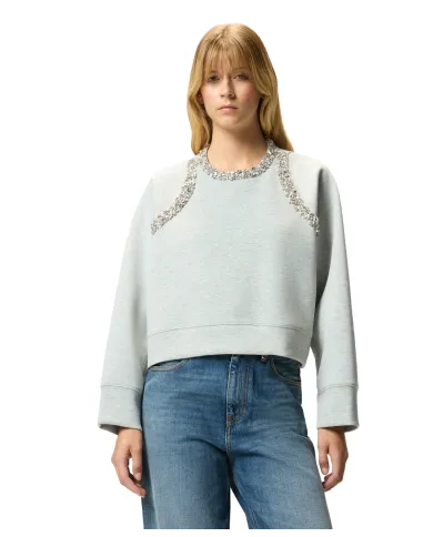 PINKO Felpa Donna 105717 A2TL MINESTRA AI 25/26 viscosa con dettagli gioiello applicati I42 grigio pioggerella PINKO Felpa Donna 105717 A2TL MINESTRA AI 25/26 viscosa con dettagli gioiello applicati I42 grigio pioggerella