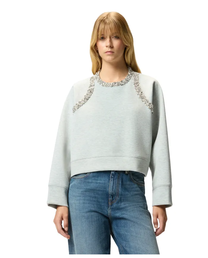 PINKO Felpa Donna 105717 A2TL MINESTRA AI 25/26 viscosa con dettagli gioiello applicati I42 grigio pioggerella PINKO Felpa Donna 105717 A2TL MINESTRA AI 25/26 viscosa con dettagli gioiello applicati I42 grigio pioggerella