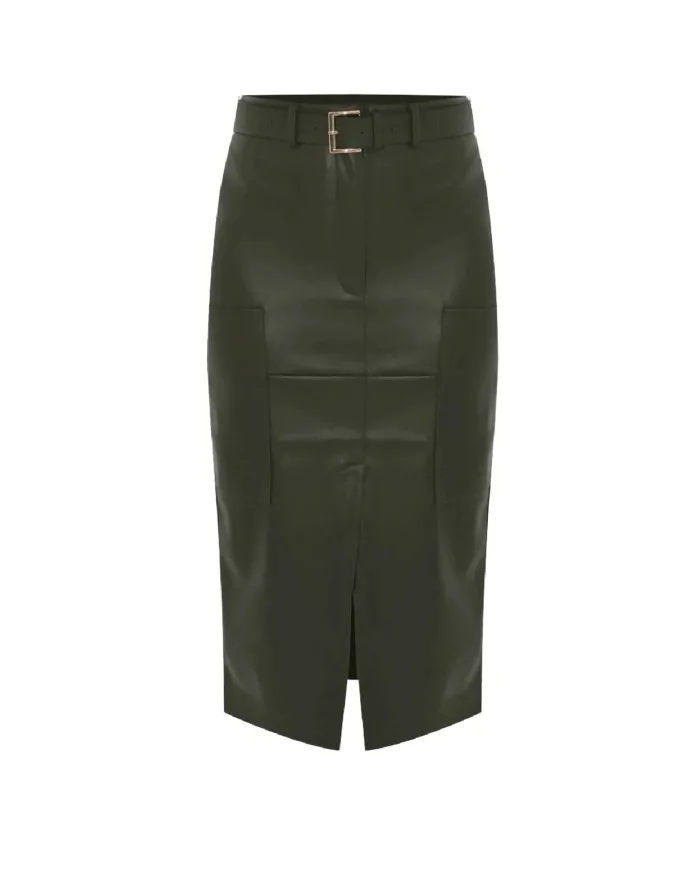 KOCCA Gonna Longuette A25PGO7377ABUN0000 MADERIN AI 25/26 in ecopelle con spacco 50803 VERDE MILITARE KOCCA Gonna Longuette A25PGO7377ABUN0000 MADERIN AI 25/26 in ecopelle con spacco 50803 VERDE MILITARE