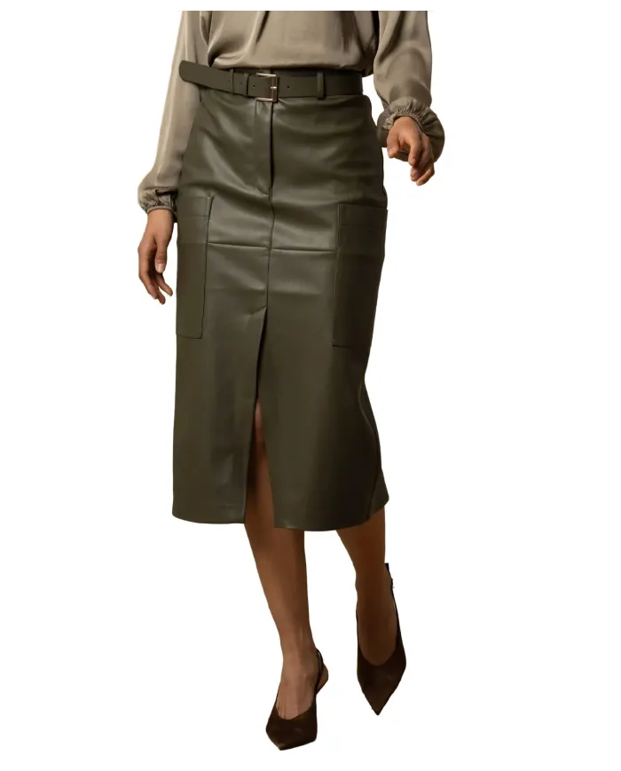 KOCCA Gonna Longuette A25PGO7377ABUN0000 MADERIN AI 25/26 in ecopelle con spacco 50803 VERDE MILITARE