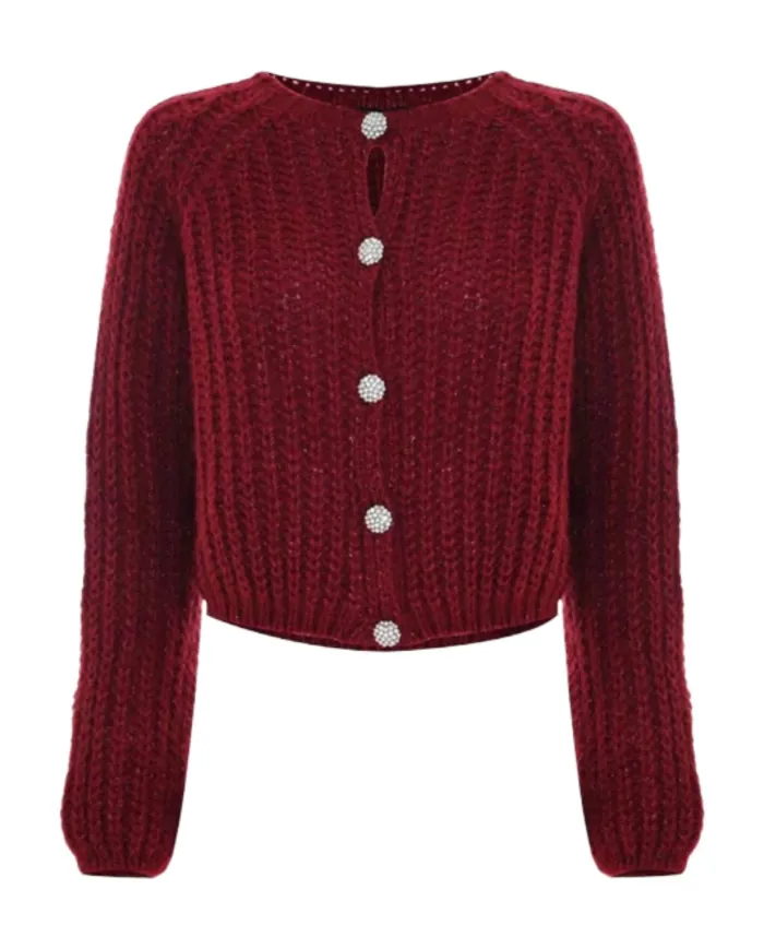 KOCCA Cardigan Donna A25PMA7483ABUN0000 AVE AI 25/26 tessuto lurex con bottoni gioiello 10172 BORDEAUX KOCCA Cardigan Donna A25PMA7483ABUN0000 AVE AI 25/26 tessuto lurex con bottoni gioiello 10172 BORDEAUX