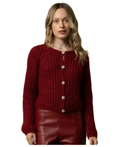 KOCCA Cardigan Donna A25PMA7483ABUN0000 AVE AI 25/26 tessuto lurex con bottoni gioiello 10172 BORDEAUX KOCCA Cardigan Donna A25PMA7483ABUN0000 AVE AI 25/26 tessuto lurex con bottoni gioiello 10172 BORDEAUX