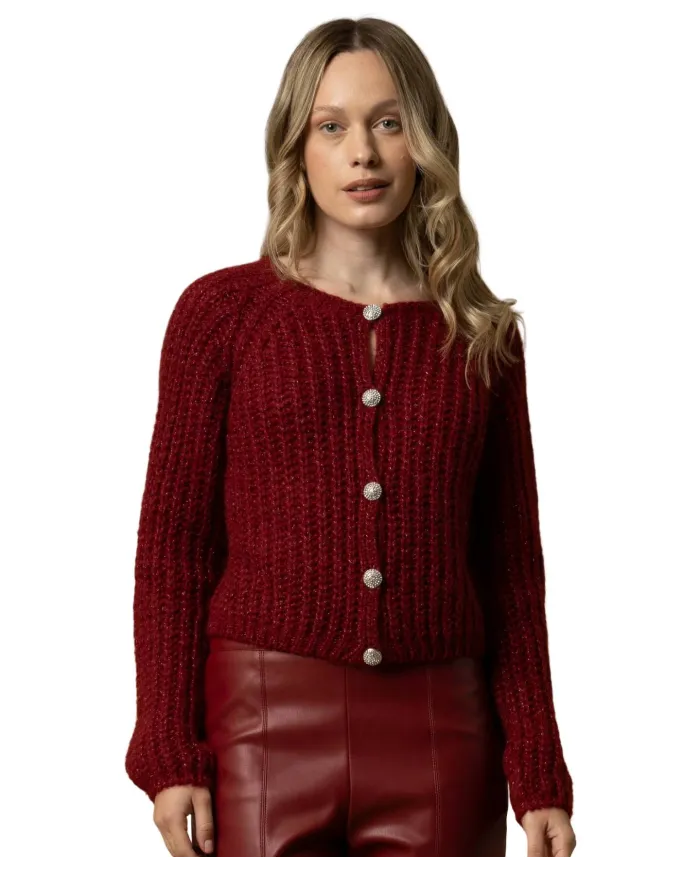 KOCCA Cardigan Donna A25PMA7483ABUN0000 AVE AI 25/26 tessuto lurex con bottoni gioiello 10172 BORDEAUX KOCCA Cardigan Donna A25PMA7483ABUN0000 AVE AI 25/26 tessuto lurex con bottoni gioiello 10172 BORDEAUX