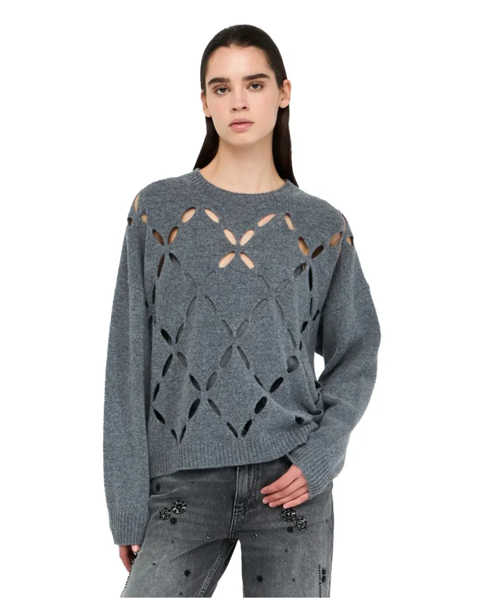 LIU JO Maglia Donna MF5039MS009 AI 25/26 lana comfort con dettagli cut-out 02050 GRIGIO MELANGE LIU JO Maglia Donna MF5039MS009 AI 25/26 lana comfort con dettagli cut-out 02050 GRIGIO MELANGE
