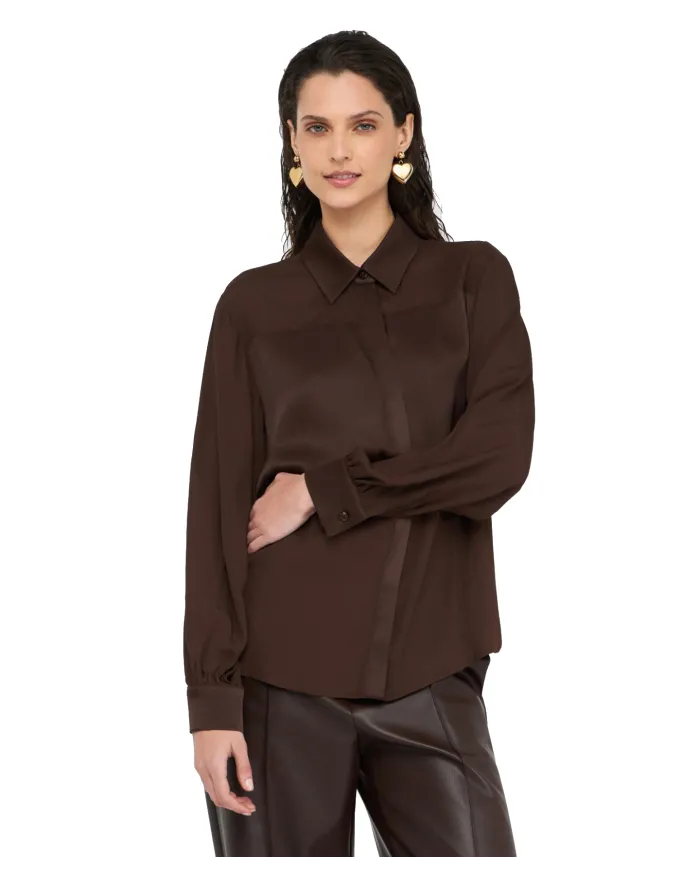 LIU JO Camicia Donna MF5106T2578 AI 25/26 viscosa regular con inserti in raso 90915 CIOCCOLATO LIU JO Camicia Donna MF5106T2578 AI 25/26 viscosa regular con inserti in raso 90915 CIOCCOLATO