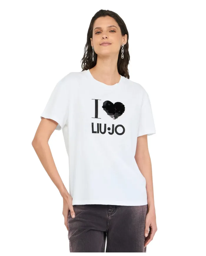LIU JO T-shirt Donna MF5345JS923 AI 25/26 cotone con stampa logata M9683 B.CO heart LIU JO T-shirt Donna MF5345JS923 AI 25/26 cotone con stampa logata M9683 B.CO heart