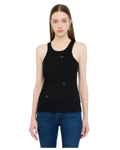 LIU JO Canotta Donna MF5447J4822 AI 25/26 cotone con ricami gioiello applicati P9124 nero/flower stone LIU JO Canotta Donna MF5447J4822 AI 25/26 cotone con ricami gioiello applicati P9124 nero/flower stone