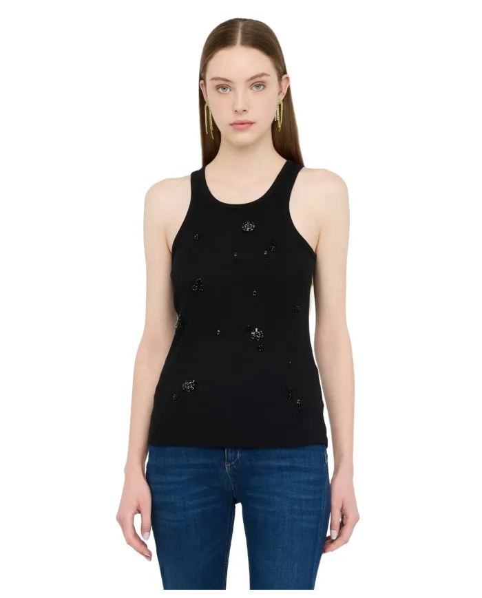 LIU JO Canotta Donna MF5447J4822 AI 25/26 cotone con ricami gioiello applicati P9124 nero/flower stone LIU JO Canotta Donna MF5447J4822 AI 25/26 cotone con ricami gioiello applicati P9124 nero/flower stone
