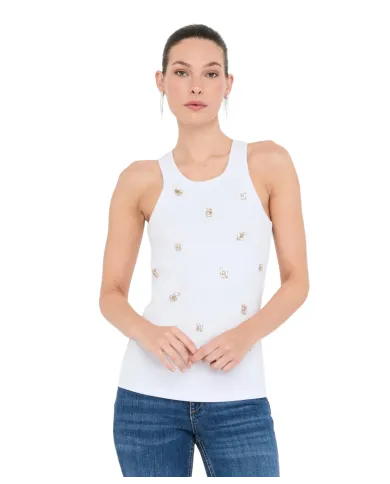 LIU JO Canotta Donna MF5447J4822 AI 25/26 cotone con ricami gioiello applicati P9125 b.co topaz stone LIU JO Canotta Donna MF5447J4822 AI 25/26 cotone con ricami gioiello applicati P9125 b.co topaz stone