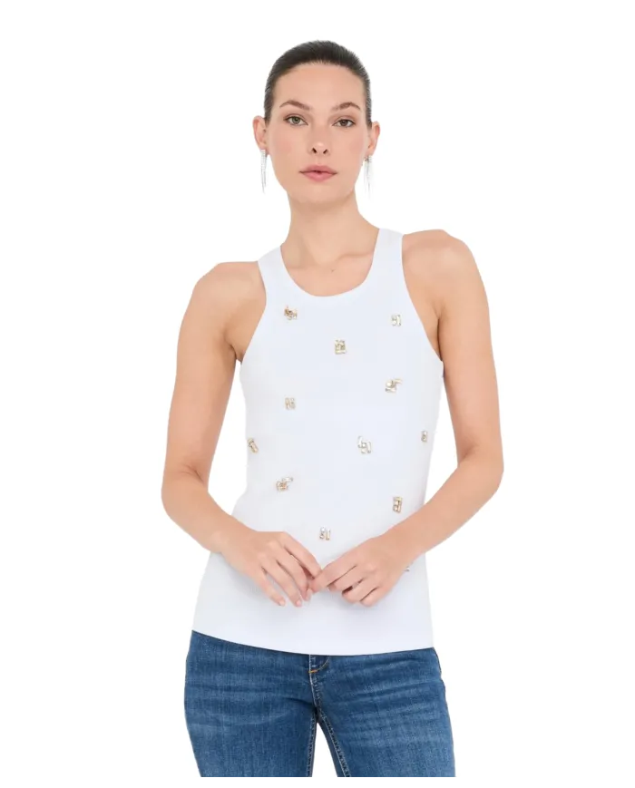 LIU JO Canotta Donna MF5447J4822 AI 25/26 cotone con ricami gioiello applicati P9125 b.co topaz stone LIU JO Canotta Donna MF5447J4822 AI 25/26 cotone con ricami gioiello applicati P9125 b.co topaz stone