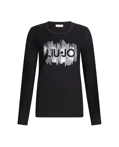LIU JO T-shirt Donna MF5464JS923 AI 25/26 cotone con stampa logata con strass P9162 nero grey chic LIU JO T-shirt Donna MF5464JS923 AI 25/26 cotone con stampa logata con strass P9162 nero grey chic