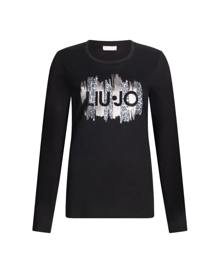 LIU JO T-shirt Donna MF5464JS923 AI 25/26 cotone con stampa logata con strass P9162 nero grey chic LIU JO T-shirt Donna MF5464JS923 AI 25/26 cotone con stampa logata con strass P9162 nero grey chic