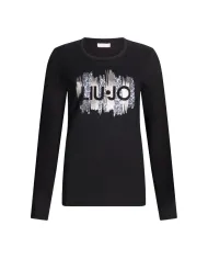 LIU JO T-shirt Donna MF5464JS923 AI 25/26 cotone con stampa logata con strass P9162 nero grey chic