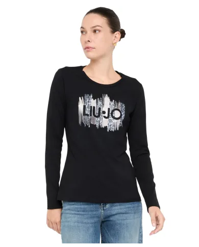 LIU JO T-shirt Donna MF5464JS923 AI 25/26 cotone con stampa logata con strass P9162 nero grey chic LIU JO T-shirt Donna MF5464JS923 AI 25/26 cotone con stampa logata con strass P9162 nero grey chic