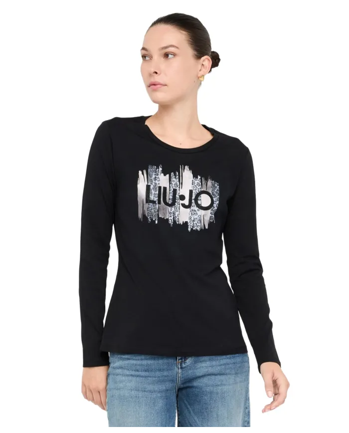 LIU JO T-shirt Donna MF5464JS923 AI 25/26 cotone con stampa logata con strass P9162 nero grey chic LIU JO T-shirt Donna MF5464JS923 AI 25/26 cotone con stampa logata con strass P9162 nero grey chic