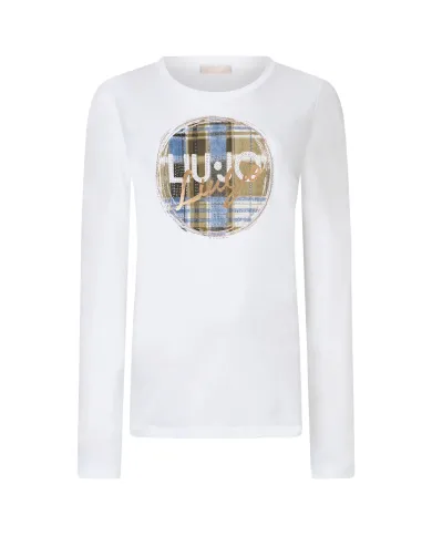 LIU JO T-shirt Donna MF5464JS923 AI 25/26 cotone con stampa logata con strass P9166 b.co brush check LIU JO T-shirt Donna MF5464JS923 AI 25/26 cotone con stampa logata con strass P9166 b.co brush check