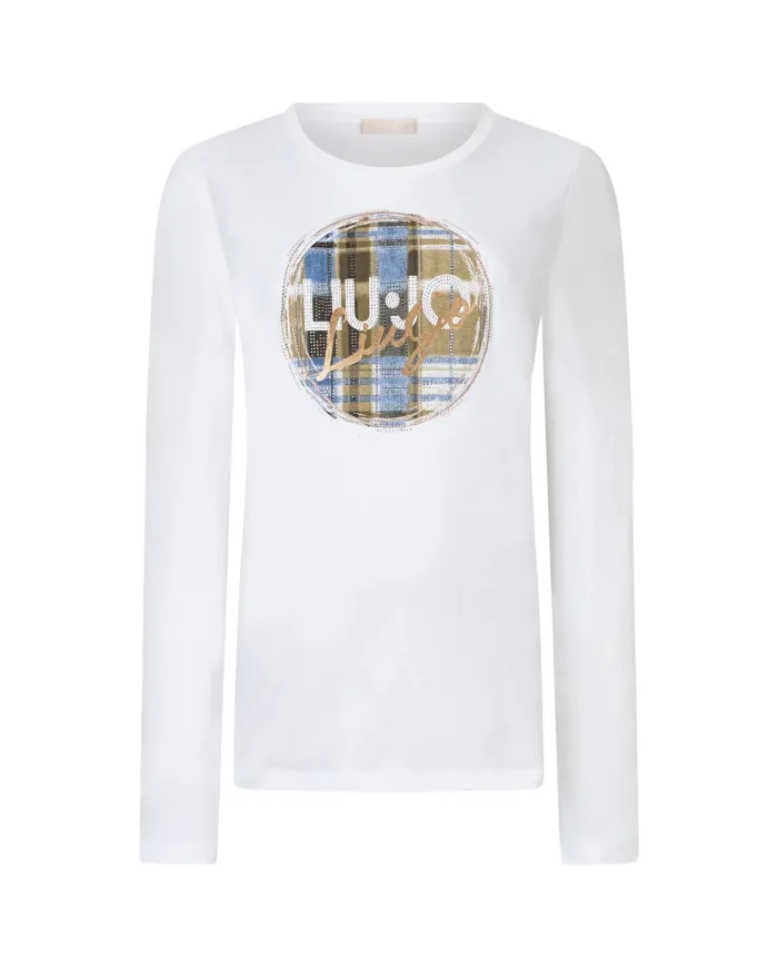 LIU JO T-shirt Donna MF5464JS923 AI 25/26 cotone con stampa logata con strass P9166 b.co brush check LIU JO T-shirt Donna MF5464JS923 AI 25/26 cotone con stampa logata con strass P9166 b.co brush check