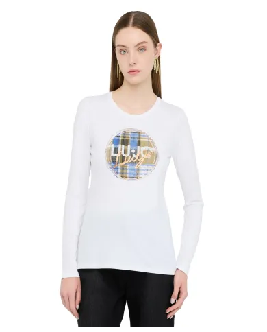 LIU JO T-shirt Donna MF5464JS923 AI 25/26 cotone con stampa logata con strass P9166 b.co brush check LIU JO T-shirt Donna MF5464JS923 AI 25/26 cotone con stampa logata con strass P9166 b.co brush check