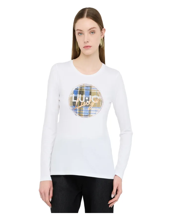 LIU JO T-shirt Donna MF5464JS923 AI 25/26 cotone con stampa logata con strass P9166 b.co brush check LIU JO T-shirt Donna MF5464JS923 AI 25/26 cotone con stampa logata con strass P9166 b.co brush check