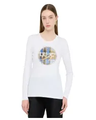 LIU JO T-shirt Donna MF5464JS923 AI 25/26 cotone con stampa logata con strass P9166 b.co brush check
