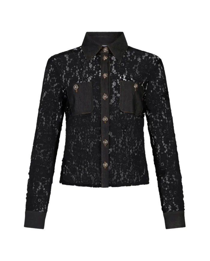 LIU JO Camicia Donna UF5169J4078 AI 25/26 cotone con motivo in pizzo e dettagli denim 88000 denim NERO LIU JO Camicia Donna UF5169J4078 AI 25/26 cotone con motivo in pizzo e dettagli denim 88000 denim NERO