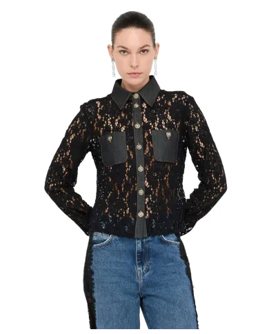 LIU JO Camicia Donna UF5169J4078 AI 25/26 cotone con motivo in pizzo e dettagli denim 88000 denim NERO LIU JO Camicia Donna UF5169J4078 AI 25/26 cotone con motivo in pizzo e dettagli denim 88000 denim NERO