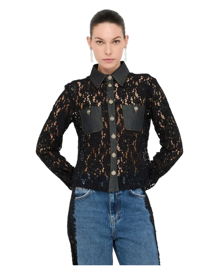LIU JO Camicia Donna UF5169J4078 AI 25/26 cotone con motivo in pizzo e dettagli denim 88000 denim NERO LIU JO Camicia Donna UF5169J4078 AI 25/26 cotone con motivo in pizzo e dettagli denim 88000 denim NERO